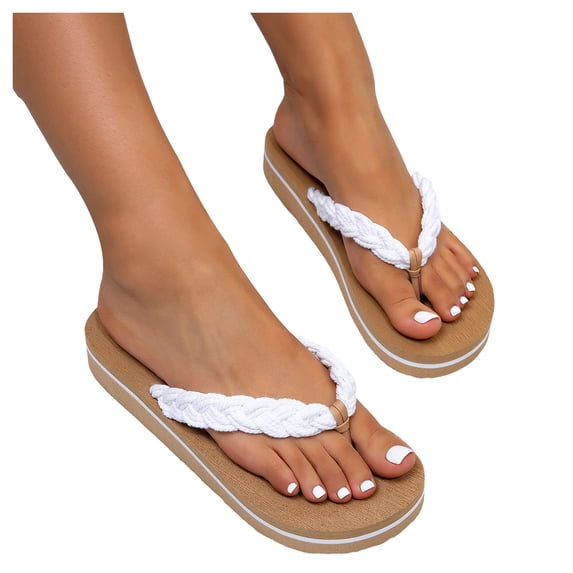 Rokment Beach Platform Flip Flops for Women 2026 Bohemian Woven Memory Foam Cushion Chunky Flat Dress Slip on Sandals Yoga Mat Comfortable Walking Thongs Slides Slippers White Size 6