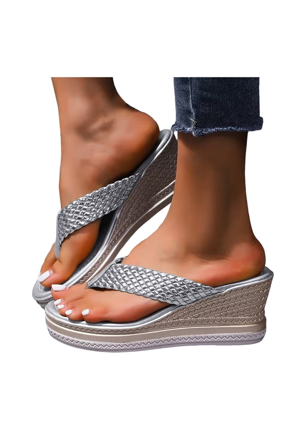 Beach Platform Wedge Heeled Flip Flops for Women Summer Metallic Fashion Casual Braided Leather Chunky High Heels Slip on Dress Sandals Comfortable Walking Slides Slippers Silver Size 8