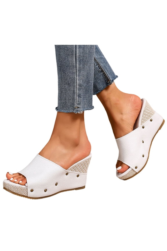 Beach Wedges Sandals for Women Summer Trendy Casual Studded Leather Platform Chunky High Heels Dress Slip on Espadrilles Heeled Slides Shoes Ladies White Size 8