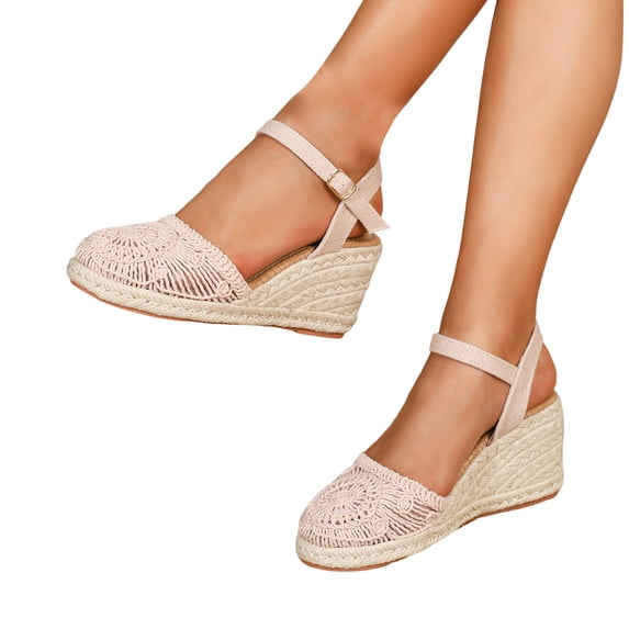 Rokment Bohemian Crochet Wedges Dress Sandals for Women Bride Wedding Beach Summer Handmade Closed Toe Espadrilles Chunky High Heel Casual Spring Dressy Sandals Pink Size 9