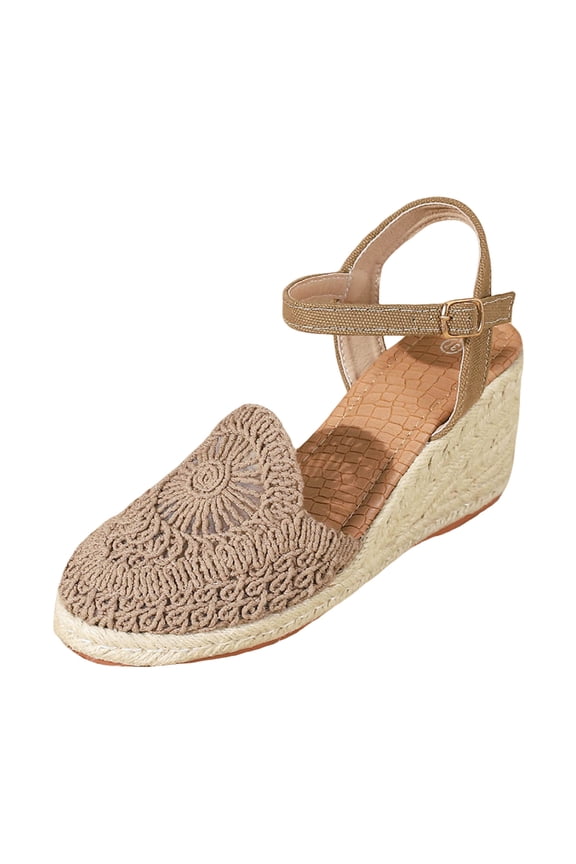 Boho Braided Sunflower Espadrilles Wedges Dress Sandals for Women Beach Summer Vacation Casual Crochet Closed Toe Platform High Heels Brown Size7.5