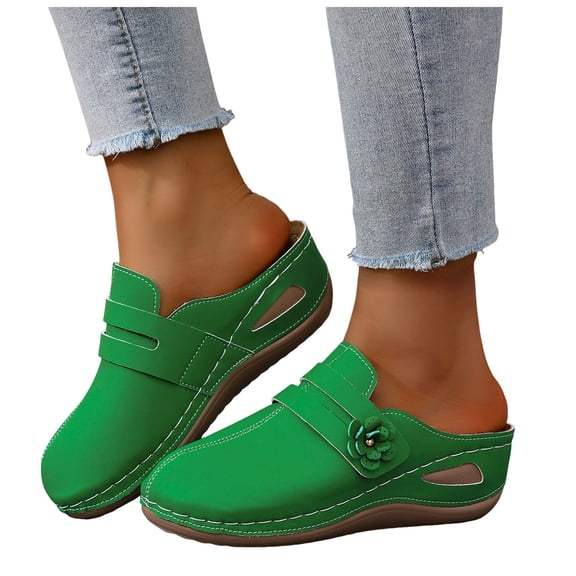 Rokment Boho Flower Platform Wedges Orthopedic Clogs Slip on Sandals for Women Vintage Beach Casual Leather Closed Toe Dress Mules Comfortable Walking Slides D Size 8