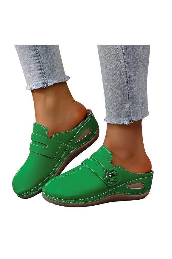 Boho Flower Platform Wedges Orthopedic Clogs Slip on Sandals for Women Vintage Beach Casual Leather Closed Toe Dress Mules Comfortable Walking Slides D Size 8