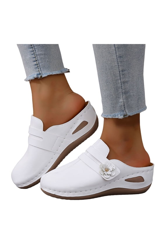 Boho Flower Platform Wedges Orthopedic Clogs Slip on Sandals for Women Vintage Beach Casual Leather Closed Toe Dress Mules Comfortable Walking Slides A Size 6