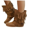 thumbnail image 1 of Rokment Boho Fringe Wide Calf Riding Boots for Women Fall Winter Bohemian Fashion Casual Suede Tassel Flat No Heel Mid Calf Cowgirl Dress Booties Brown Size 7, 1 of 7