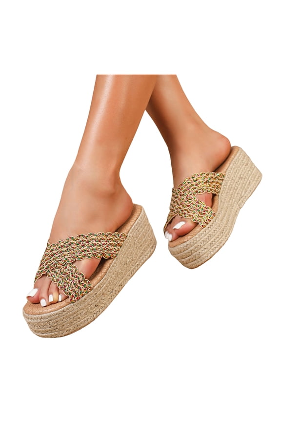 Boho Platform Espadrilles Slip on Dress Sandals for Women 2026 Beach Summer Crochet Straw Footbed Chunky High Heels Wedge Walking Slides Slippers Gold Size 9.5