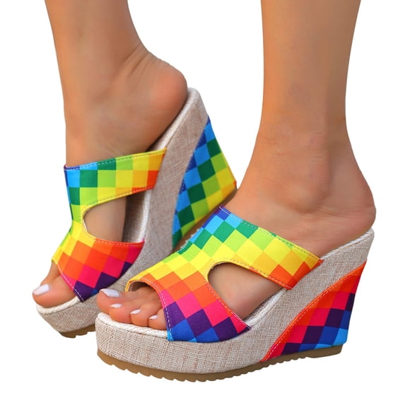 Rokment Boho Platform Wedge Dress Slides Sandals for Woman Colorful Trendy Casual Leather Linen Sole Chunky High Heels Slip on Womens Summer Beach Vacation Shoes C Size 8