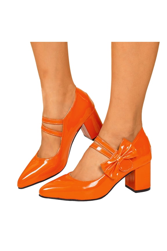 Bow Dress High Heels for Women Bride Wedding 2026 Fashion Casual Leather Bowknot Pointed Toe Chunky Block Heeled Bridal Dance Pumps Shoes Orange Size 9