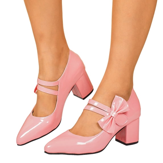 Rokment Bow Dress High Heels for Women Bride Wedding 2026 Fashion Casual Leather Bowknot Pointed Toe Chunky Block Heeled Bridal Dance Pumps Shoes Red Size 6.5