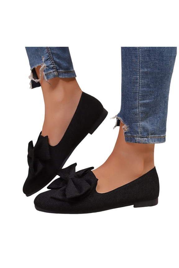 Bow Dressy Shoes for Women Ladies Bride Wedding Bowknot Fashion Casual Square Toe Low Heels Business Office Walking Flat Spring Fall Loafers Black Size 7.5