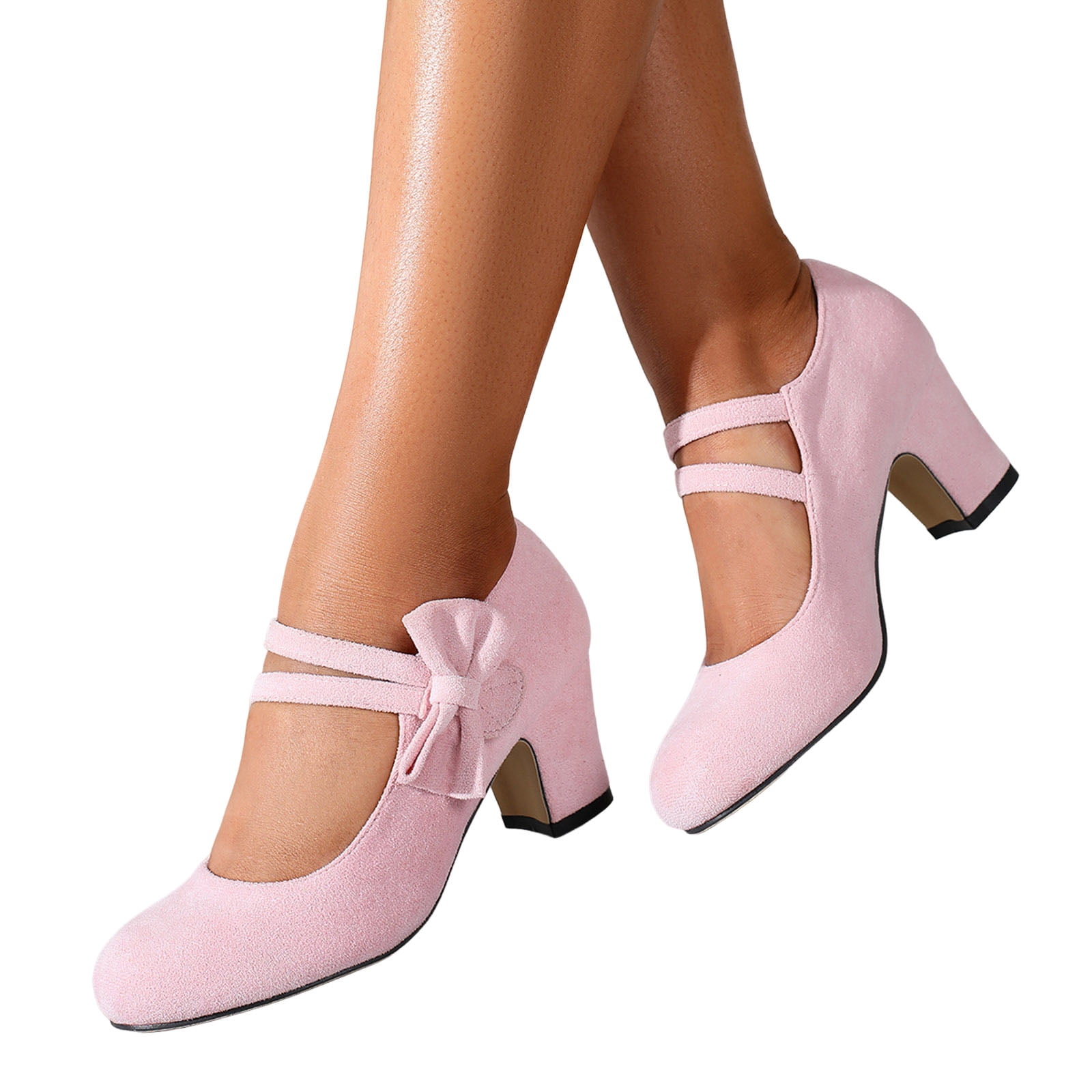 Rokment Bow Dressy Shoes for Women Ladies Bride Wedding Spring Fall Fashion Casual Suede Pointed Toe Chunky Block Mid Heels Ballet Flat Slip on Dress Pumps Pink Size