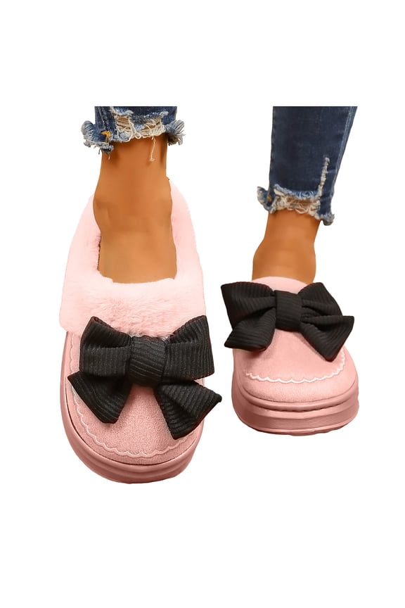 Bow Platform Fuzzy Slippers Backless Snow Boots for Women Indoor and Outdoor Bride Fashion Cute Bowknot Suede Winter Warm Clog Mules House Booties Red Size 9.5
