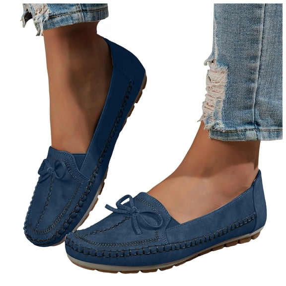 Rokment Bow Slip on Loafers for Women Fashion Casual Comfortable Suede Walking Flat Bowknot Beach Travel Oxfords Dress Shoes 2026 Spring Fall Blue Size 6