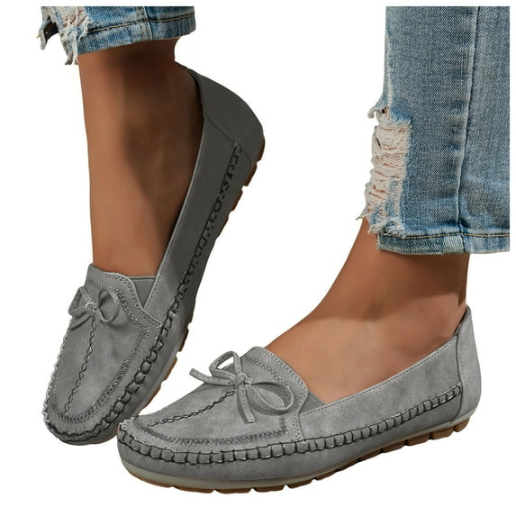 Rokment Bow Slip on Loafers for Women Fashion Casual Comfortable Suede Walking Flat Bowknot Beach Travel Oxfords Dress Shoes 2026 Spring Fall Grey Size 6.5
