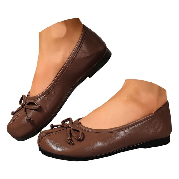 Rokment Bow Tabi Ballet Flats Shoes for Women Wide Width Split Round Toe Low Heels Comfortable Slip on Dress Loafers Business Office Work Casual Footwear Brown Size 8.5