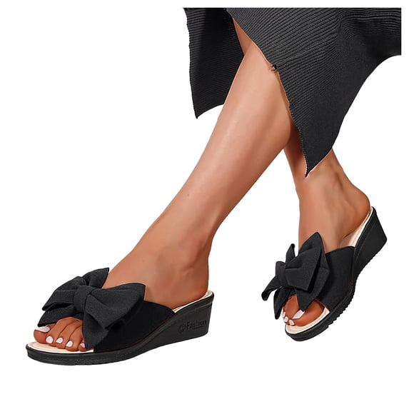 Rokment Bow Wedges Dressy Sandals for Woman Bride Wedding Trendy Casual Bowknot Leather Platform Slip on Chunky High Heels Comfortable Beach Summer Dress Slides Shoes Black Size 6