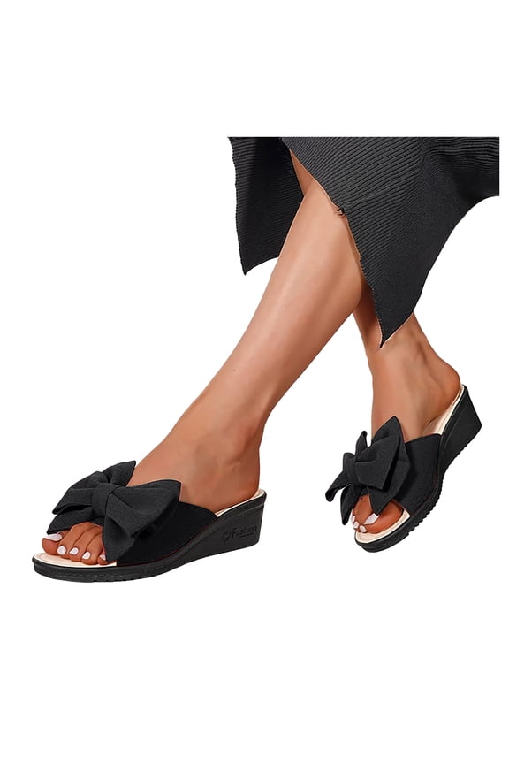 Bow Wedges Dressy Sandals for Woman Bride Wedding Trendy Casual Bowknot Leather Platform Slip on Chunky High Heels Comfortable Beach Summer Dress Slides Shoes Black Size 6.5