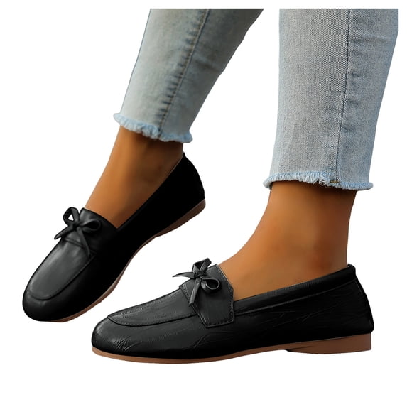 Rokment Bowknot Ballet Flat Dress Shoes for Women Bride Wedding Stylish Casual Bow Leather Low Heel Slip on Walking Loafers Spring Fall Black Size 6