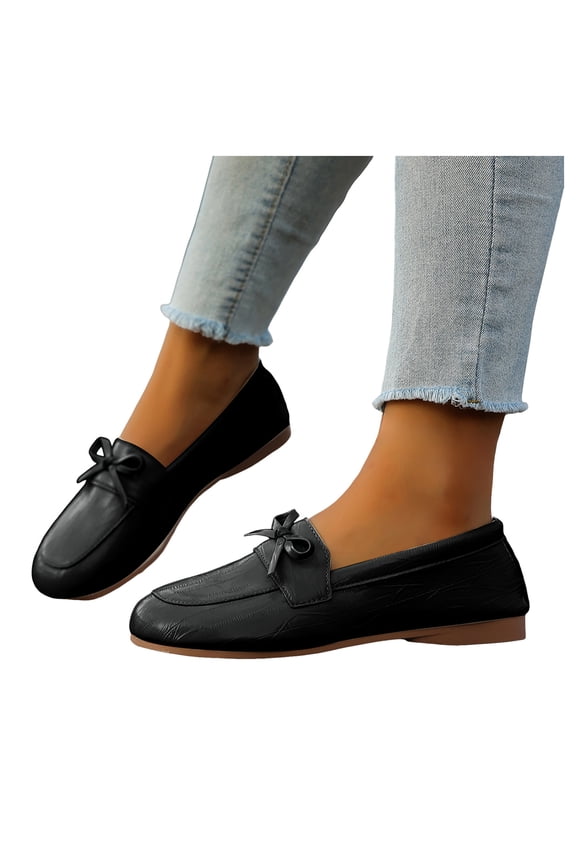 Bowknot Ballet Flat Dress Shoes for Women Bride Wedding Stylish Casual Bow Leather Low Heel Slip on Walking Loafers Spring Fall Black Size 6