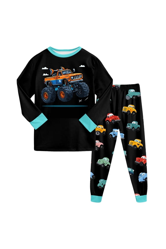Boys Clothes for Toddler Kids Fall Winter Car Vehicle Design 2 Pieces Pajamas Set Elastic Long Sleeve Shirt and Pants Sleepwear Pj Clothing Outfit Black 3T(2-3 Years)
