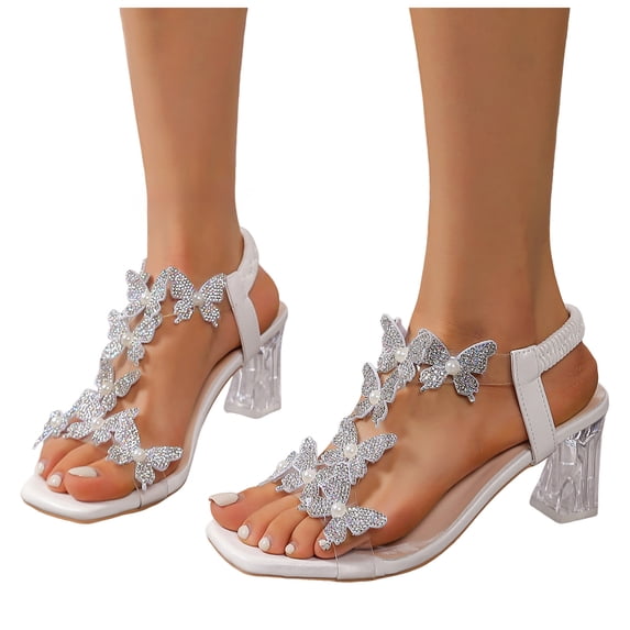 Rokment Bridal Glitter Rhinestones Butterfly Dressy Sandals for Women Delicate Elegant Square Toe Clear Chunky Block Slingback High Heels Bride Wedding Summer Dress Pumps 2026 White Size 6