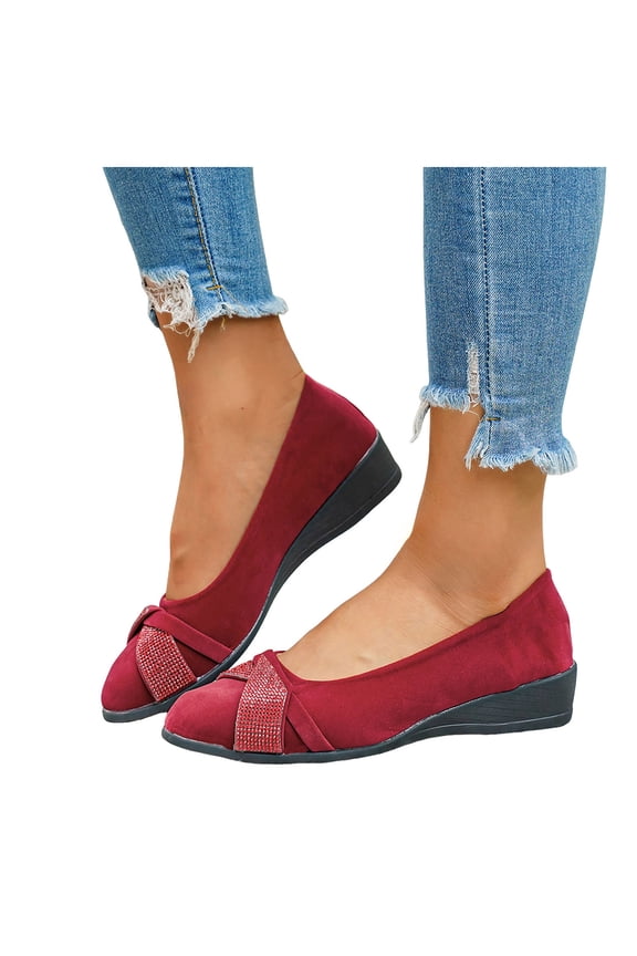 Bridal Sparkly Rhinestones Bow Wedges Dress Shoes for Women Delicate Glitter Bowknot Mid Heel Suede Pointed Toe Dressy Ballet Flat Loafers Red Size 6.5