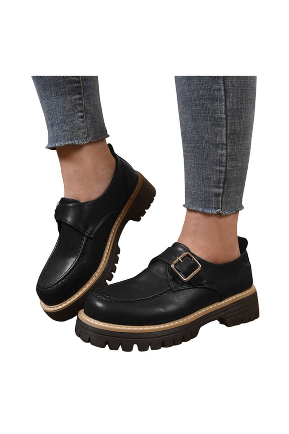 Buckles Platform Oxfords Mary Jane Penny Loafers for Women 2026 Spring Trendy Casual Leather Chunky Mid Heel Slip on Dress Shoes Black Size 8.5