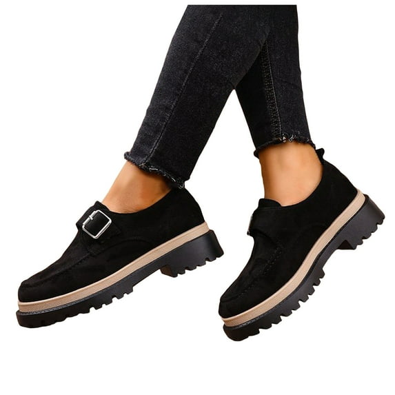 Rokment Buckles Platform Oxfords Slip on Penny Loafers for Women 2026 Spring Fall Vintage Casual Suede Chunky Mid Heel Walking Dressy Shoes Black Size 6.5