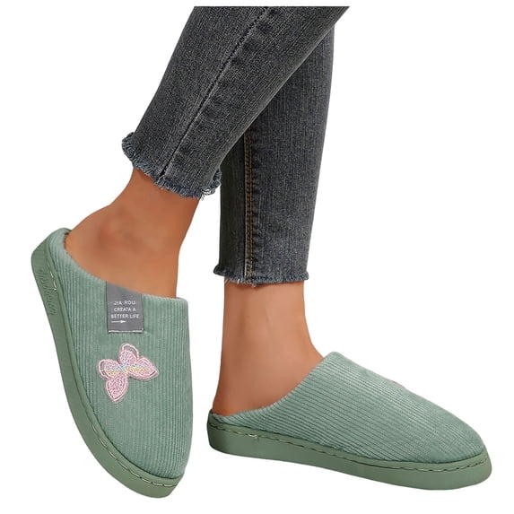 Rokment Butterfly House Slippers for Women Cotton Fleece Lined Winter Warm Memory Foam Indoor Bedroom Home Shoes Green Size 5.5