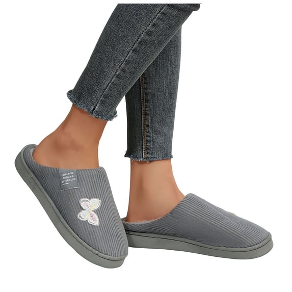 Rokment Butterfly House Slippers for Women Cotton Fleece Lined Winter Warm Memory Foam Indoor Bedroom Home Shoes Grey Size 9.5