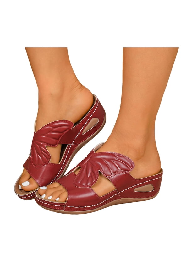 Butterfly Orthotic Arch Support Wedge Slippers Open Back Dress Sandals for Women 2026 Beach Summer Casual Comfortable Leather Platform Slip on Mid Heels Walking Slides Wine Size 9