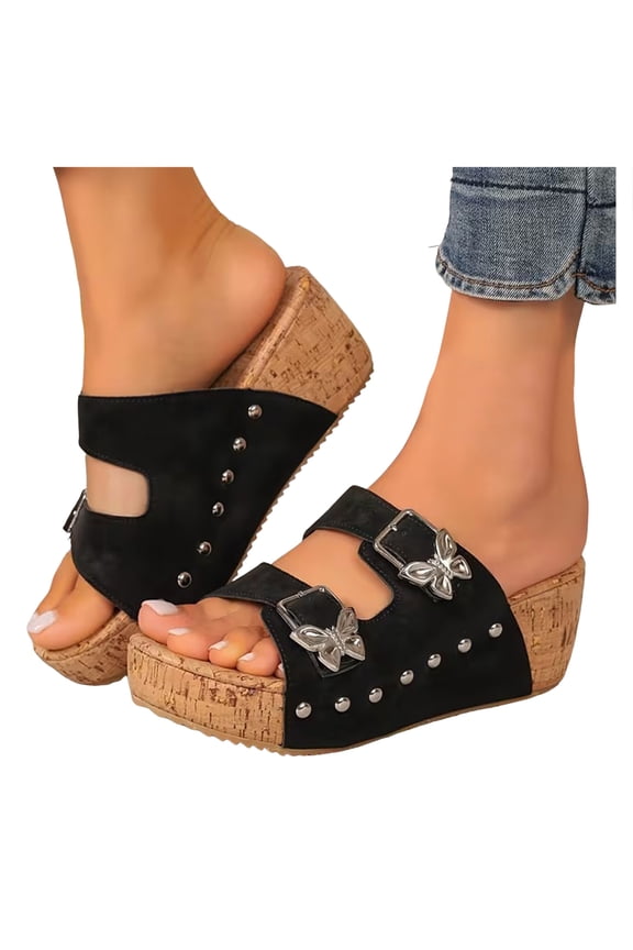 Butterfly Platform Wedge Sandals for Women Fashion Comfortable Orthopedic Arch Support Walking Slip on Beach Casual Chunky Heeled Dress Slides Black Size 9