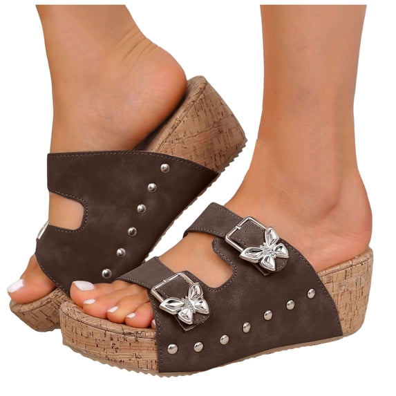 Rokment Butterfly Platform Wedge Sandals for Women Fashion Comfortable Orthopedic Arch Support Walking Slip on Beach Casual Chunky Heeled Dress Slides Coffee Size 9