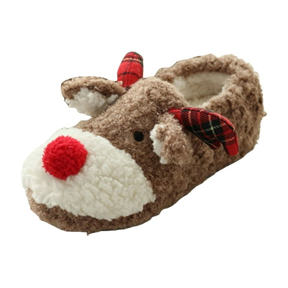 Rokment Christmas Reindeer Slippers for Women Girls Cute Animal Deer Fuzzy House Socks with Soft Non Slip Sole Indoor Bedroom Slip on Booties Shoes Brown Size 5