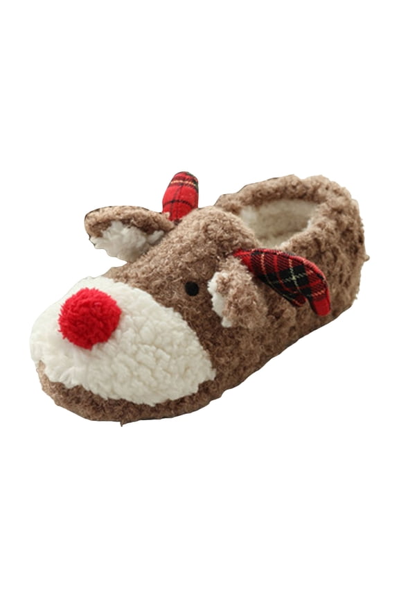 Christmas Reindeer Slippers for Women Girls Cute Animal Deer Fuzzy House Socks with Soft Non Slip Sole Indoor Bedroom Slip on Booties Shoes Brown Size 7