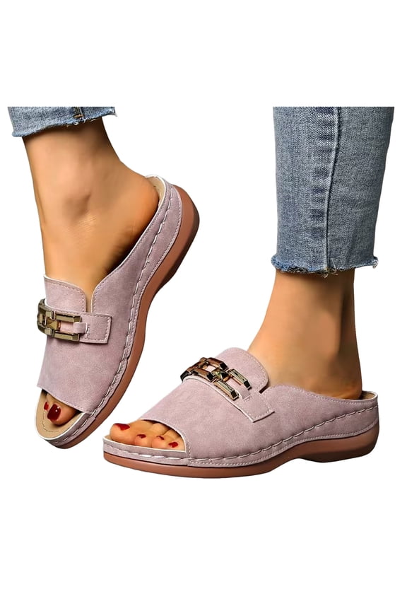 Classic Mules Orthopedic Dress Walking Sandals for Women 2026 Summer Fashion Casual Leather Open Toe Platform Wedge Low Heel Backless Slippers Pink Size 7.5