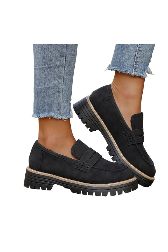 Classic Slip on Penny Loafers for Women 2026 Spring Fall Fashion Casual Leather Platform Chunky Mid Heels Vintage Solid Oxfords Walking Shoes Black Size 6