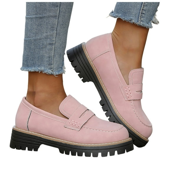 Rokment Classic Slip on Penny Loafers for Women 2026 Spring Fall Fashion Casual Leather Platform Chunky Mid Heels Vintage Solid Oxfords Walking Shoes Pink Size 6