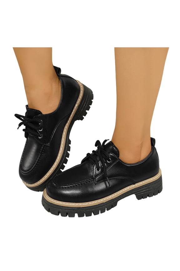 Classic Vintage Platform Chunky Oxfords Dress Shoes for Women Spring Fall Retro Leather Lace up Lug Sole Mid Heel Walking Loafers Fashion Sneakers Black Size 6.5