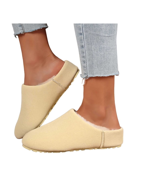 Clog Slip on Snow Boots for Women with Fleece Lined Winter Warm Fashion Suede Mules Booties Fuzzy Barefoot Indoor Outdoor House Shoes Beige Size 9