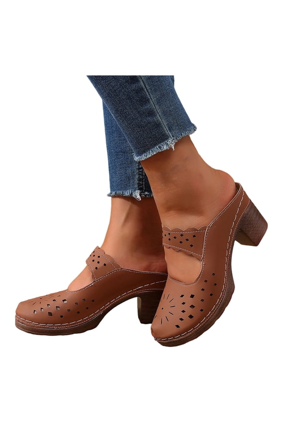 Closed Toe Sandals for Women Beach Boho Hollow out Leather Ankle Strap Platform Backless Sandals Comfortable Chunky Block High Heels Walking Clog Mules Brown Size 8.5