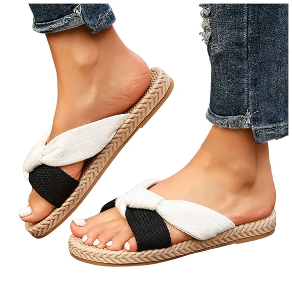 Rokment Color Block Beach Flat Sandals for Women 2026 Summer Comfortable Casual Straw Sole Platform Dress Slip on Vacation Walking Slides Shoes Black Size 6