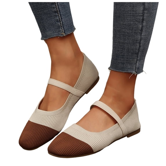 Rokment Color Block Knit Ballet Flat Dressy Shoes for Women Ladies Comfortable Lightweight Round Toe Ankle Strap Slip on Low Heels Walking Loafers Fall Casual Dress Dance Mary Jane Brown Size 7