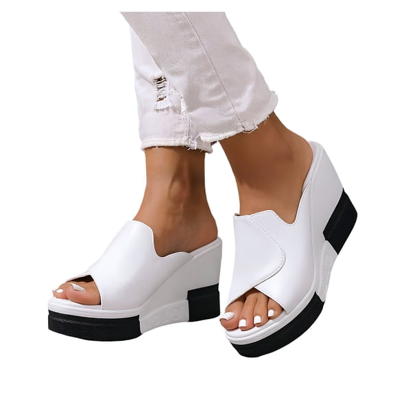 Rokment Color Block Platform Wedge Dressy Slides Sandals for Women Ladies 2026 Fashion Casual Leather Open Toe Chunky Heeled Slip on Backless Dress Pumps Summer White Size 7