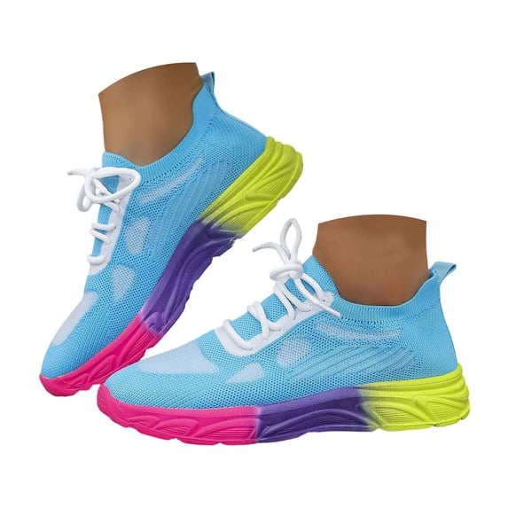 Rokment Color Block Running Tennis Walking Shoes for Women Comfortable Knit Lace up Athletic Workout Fitness Jogging Platform Sneakers Blue Size 5.5
