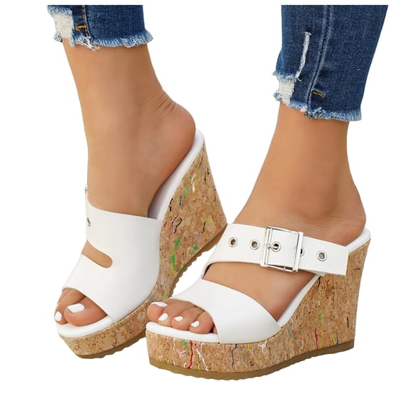 Rokment Colorful Platform Wedge Slip On Dress Sandals for Women 2026 Summer Trendy Casual Leather Buckles Chunky Heeled Slides Slippers White Size 8.5