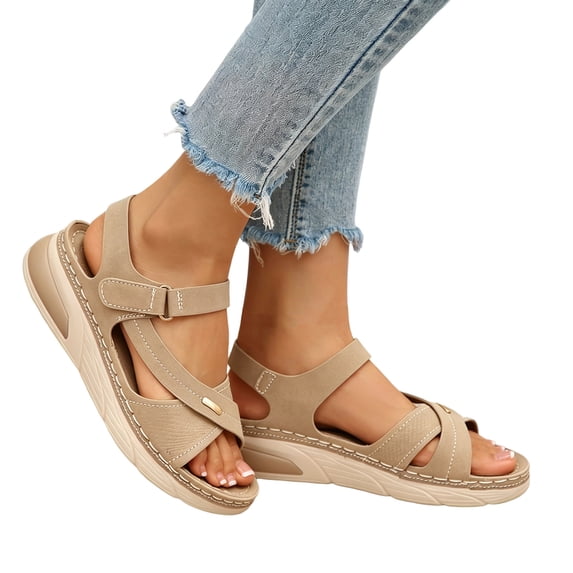 Rokment Comfortable Ortho Walking Sandals for Women Plantar Fasciitis Beach Summer Casual Leather Buckles Open Toe Memory Foam Non Slip Nursing Work Shoes Khaki Size 9.5