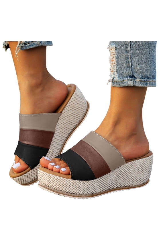 Comfortable Orthopedic Platform Wedge Slip on Dress Sandals for Women 2026 Summer Fashion Casual Color Block Leather Espadrilles Arch Support Chunky Heeled Walking Slides Slippers White