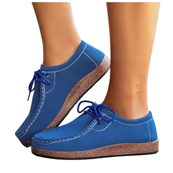 Rokment Cork Footbed Orthopedic Fashion Sneakers Walking Shoes for Women 2026 Spring Fall Vintage Suede Lace up Wide Width Platform Wedge Casual Loafers Blue Size 10.5