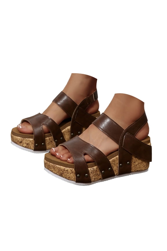 Cork Footbed Platform Wedge Sandals for Women 2026 Trendy Casual Studded Leather Chunky Heels Dress Slip on Comfortable Walking Summer Shoes with Elastic Back Strap Coffee Size 8.5